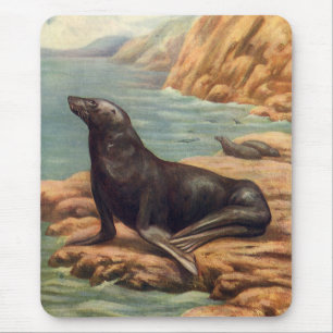 Seelöwe am Meeresufer, Vintage Meeres Säugetiere Mousepad