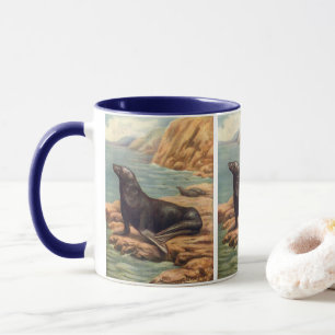 Seelöwe am Meeresufer, Vintage Meeres Säugetiere Tasse