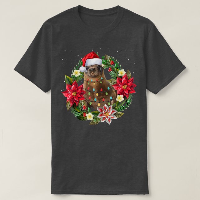 Seelöwe mit Weihnachtslichtmatte T-Shirt (Design vorne)