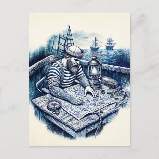 Seemann, der eine Karte auf dem Schiffsdeck liest (Vorderseite)