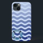 Seemann Navy Blue Waves Streifen Case-Mate iPhone Hülle<br><div class="desc">Navy blaue Streifen Wellen mit Ihrem Namen.</div>