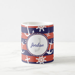 Seemannseemarineblau- und -ROTstreifenmonogramm Kaffeetasse