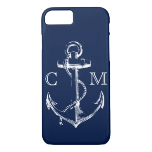 Seemarine-Blau-Skizze-Anker mit Monogramm   Case-Mate iPhone Hülle