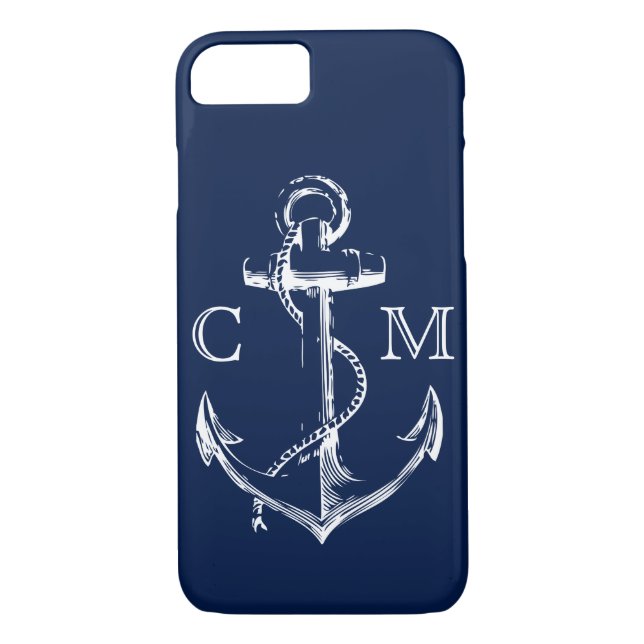 Seemarine-Blau-Skizze-Anker mit Monogramm | Case-Mate iPhone Hülle (Rückseite)