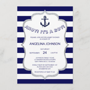 Seemarine-Blau-Weiß Stripes BABYPARTY Einladung