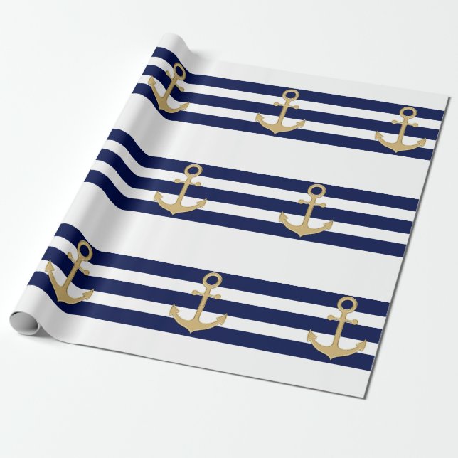 Seemarine-Blau-Weiß Stripes Goldanker Geschenkpapier (Ungerollt)