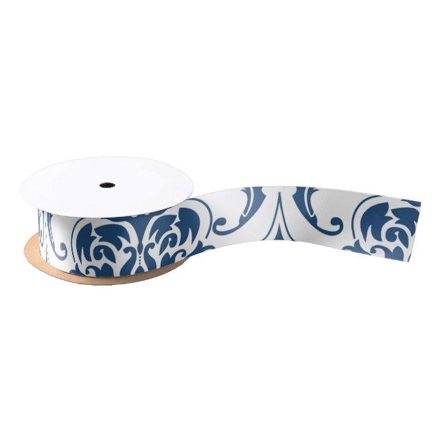 Seemarine-Blau-weißes Vintages Damast-Muster Satinband (Spule)
