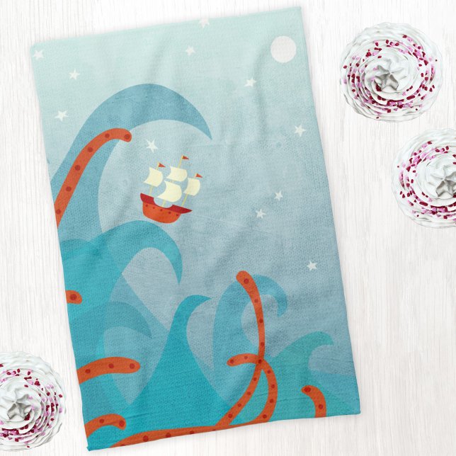 Seemonster Geschirrtuch (Sailing boat sea monster tentacles fun kitchen towel)