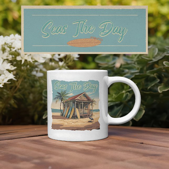 Seen Der Tag Vintage Surfhütte Kunst Kaffeetasse (“Seas The Day” and sip like it’s always island time.)