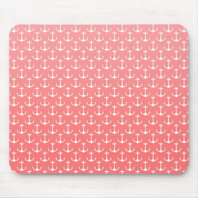 SeeOmbre korallenrotes rosa weißes Anker-Muster Mousepad (Vorne)