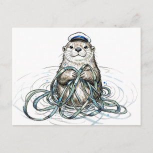 Seeotter hält Kelp in mariner Tintenillustration Postkarte