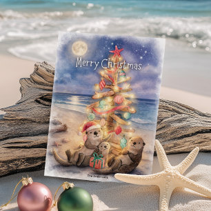 Seeotter-Treibholz-Baum-Strand-Weihnachten Feiertagskarte