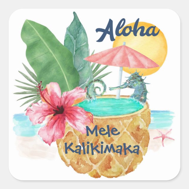 Seepferd Ananas Mele Kalikimaka Weihnachten am Str Quadratischer Aufkleber (Vorderseite)