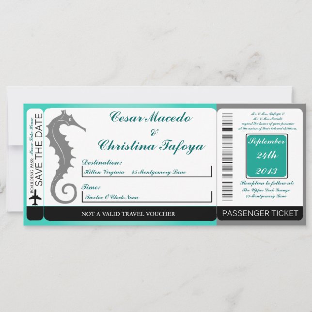 Seepferd Anchor Boarding Pass Hochzeit Einladung (Vorderseite)