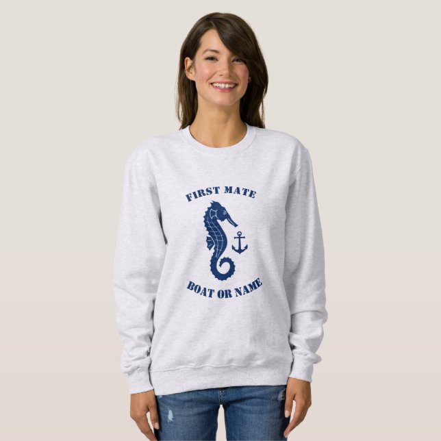 Seepferd Anchor First Mate Boat oder Name Blue Gra Sweatshirt (Vorne ganz)