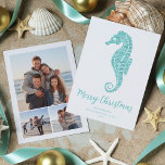 Seepferd Aqua Blue Glitzer Beach Weihnachten 3 Fot<br><div class="desc">Diese Weihnachtskarte mit dem Thema Küste bietet ein niedliches Aqua Blue Glitzer Seepferd mit Frohe Weihnachtsschrift und 3 Fotos auf der Rückseite. Karo die Kollektion für passende Produkte und andere Farbwege aus,  oder melde mich durch Zazzle Chat,  wenn Du ein passendes Produkt benötigst.</div>