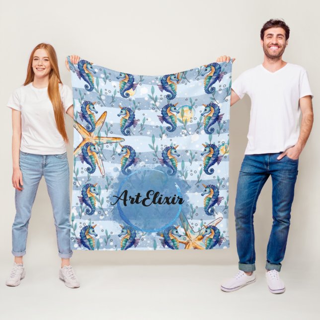 Seepferd Aquarell Blue Print Fleecedecke (Beispiel)