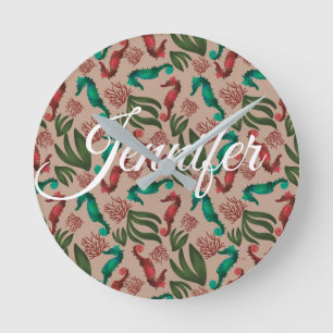 Seepferd Aquarellfarbe Rosa Personalisiert Runde Wanduhr
