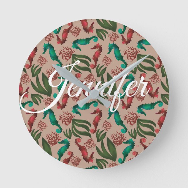 Seepferd Aquarellfarbe Rosa Personalisiert Runde Wanduhr (Vorderseite)