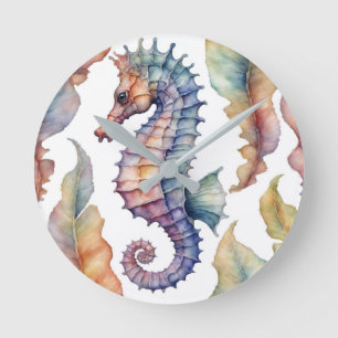 Seepferd Aquarellfarben Küstendekoration Runde Wanduhr
