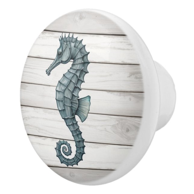 Seepferd auf weißem, bedrücktem Imitat Holzknöpfe Keramikknauf (Rechts)