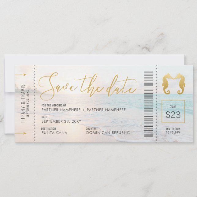 Seepferd Boarding Pass Ticket Beach Hochzeit Save The Date (Vorderseite)