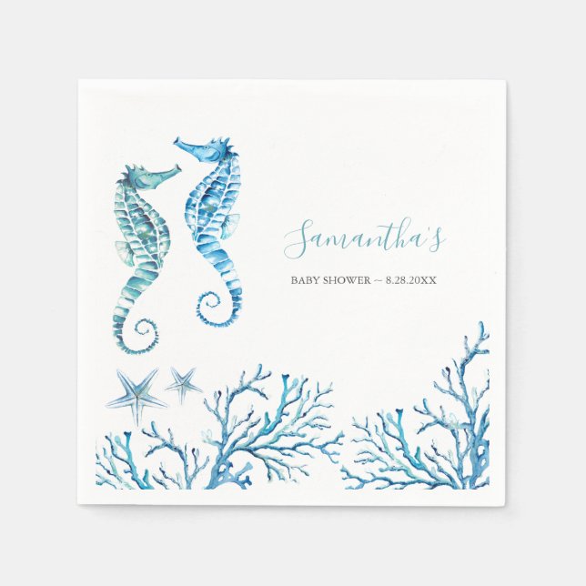 Seepferd Coastal Wasserfarbe Personalisiert Napkin Serviette (Vorderseite)