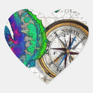 Seepferd Compass Collage Herz-Aufkleber