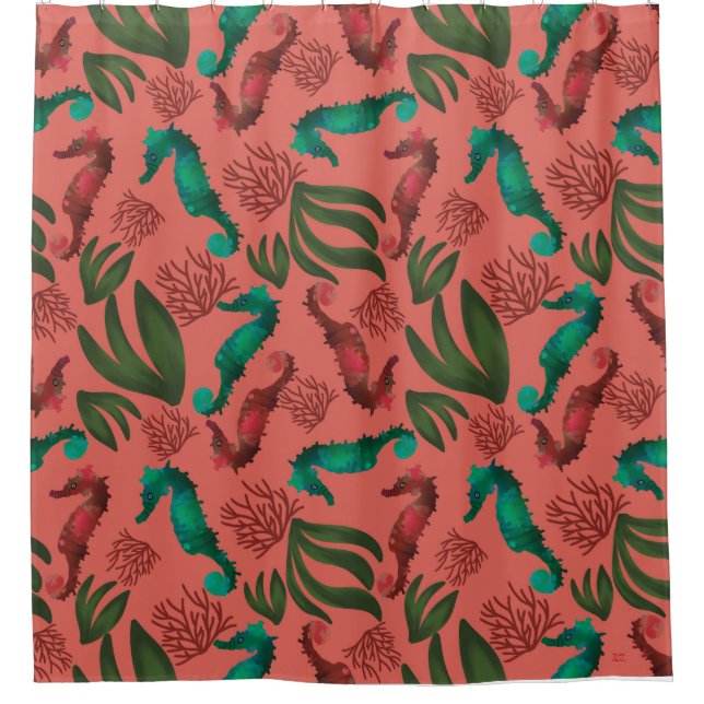 Seepferd Coral Nautic Muster Duschvorhang (Vorderseite)