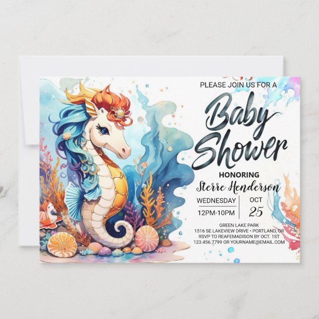 Seepferd Dreamscape Babydusche Einladung (Vorderseite)