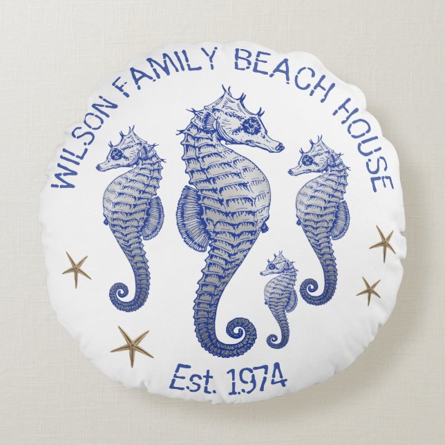 Seepferd Familienname Beach House Pillow Rundes Kissen (Vorderseite)