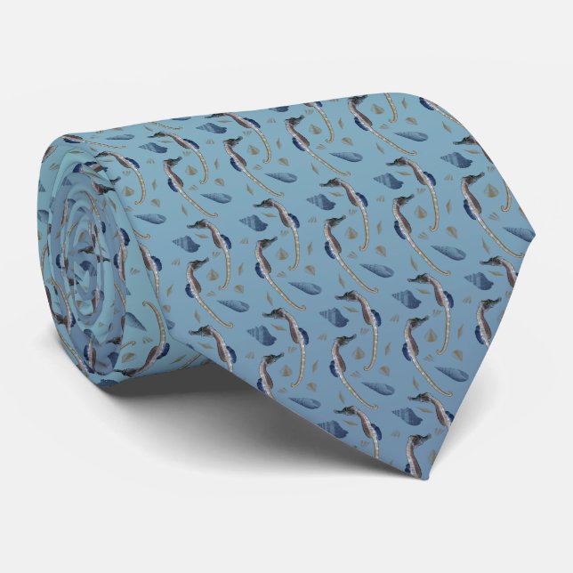 Seepferd Frenzy Double Sided Print Krawatte (Blue  (Gerollt)