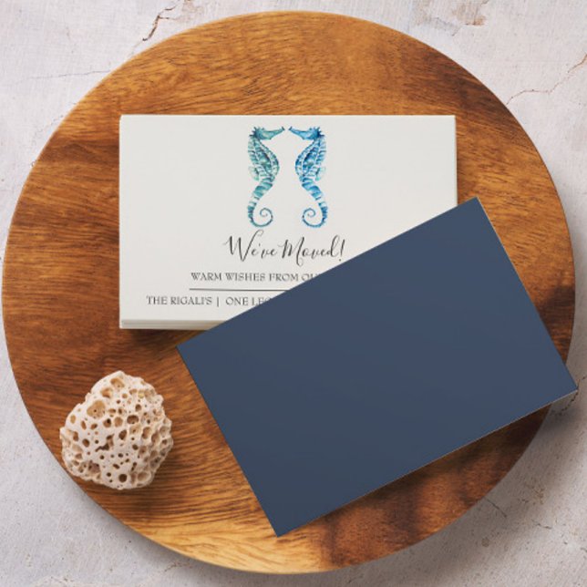 Seepferd für kleine Bewegungen Begleitkarte (Small moving announcement cards watercolor coastal blue seahorse art by Victoria Grigaliunas)