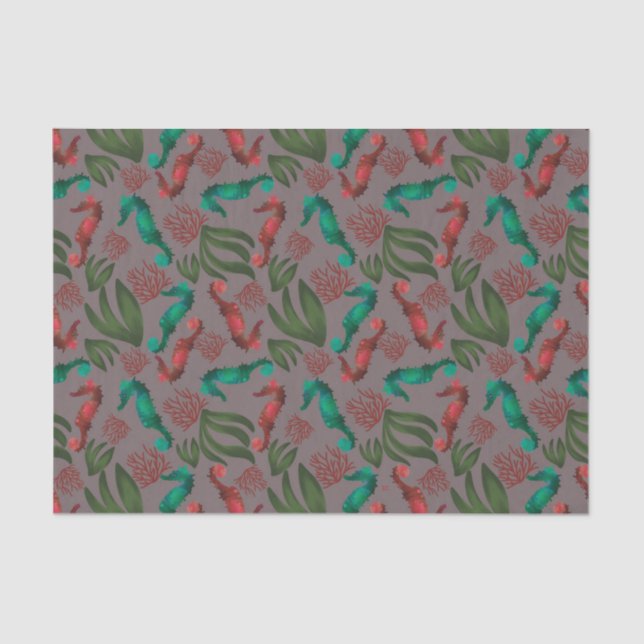 Seepferd Grau nautisches Muster Seidenpapier (Vorderseite)