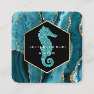 Seepferd-Logo auf türkisfarbenem Age Quadratische Visitenkarte