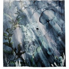 Seepferd mit Quallenfischen im blauen Meer Duschvorhang