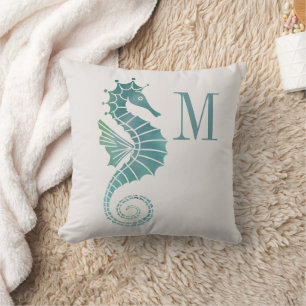 Seepferd Monogram Aquamarin Cremeongram Kissen