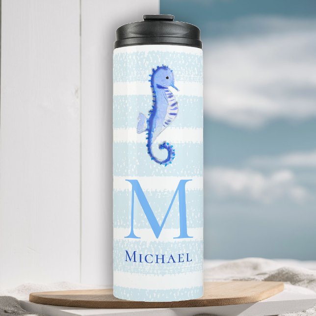 Seepferd Monogram Beach Wasserfarbe Thermosbecher (boy tumbler personalized monogram seahorse sea blue stripes nautical ocean grandchild baby gift)