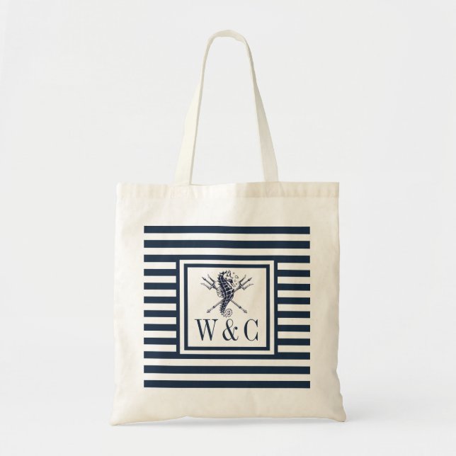 Seepferd Monogram Navy Blue Strip Tragetasche (Vorne)