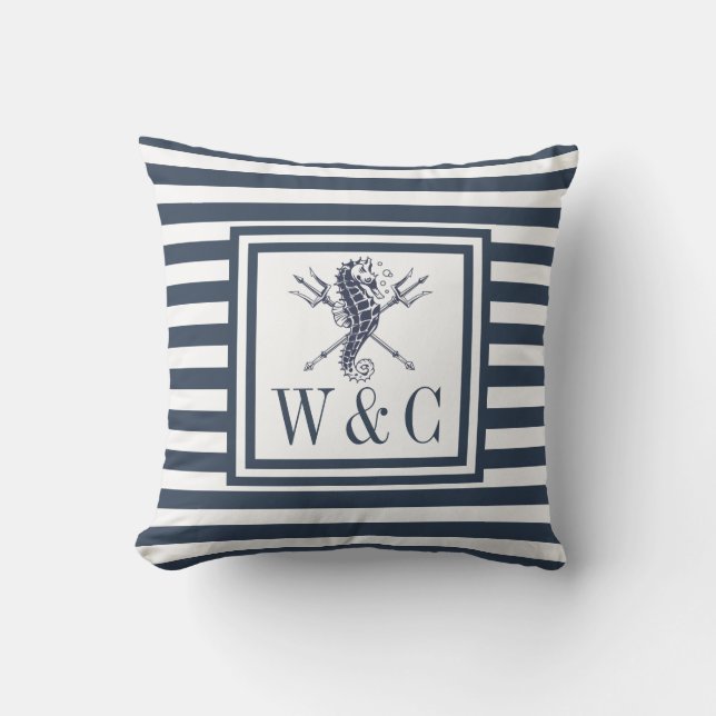 Seepferd Monogram Navy Blue Striping Nautic Kissen (Vorderseite)