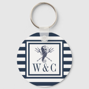 Seepferd-Monogramm Navy Blau Gestreift Nautical Schlüsselanhänger