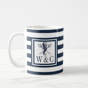 Seepferd-Monogramm Navy Blau gestreift Nautilus Kaffeetasse