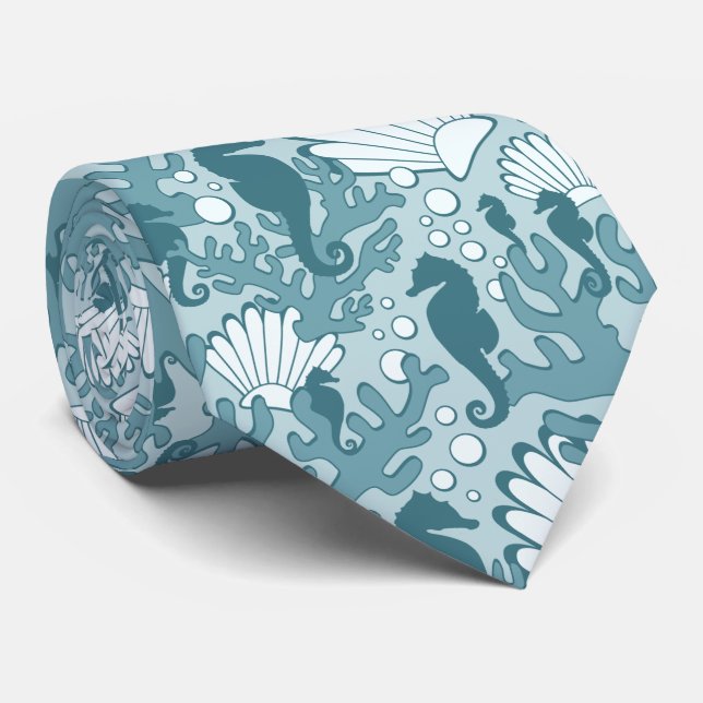 Seepferd Muschel Korallen Muster Aquamarin Neck Ti Krawatte (Gerollt)