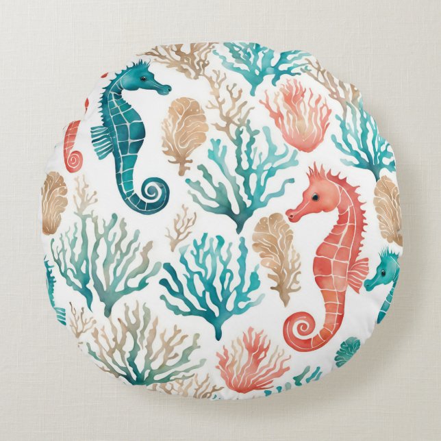 Seepferd Muster Aquamarin Orange Meereswelt Beach  Rundes Kissen (Vorderseite)