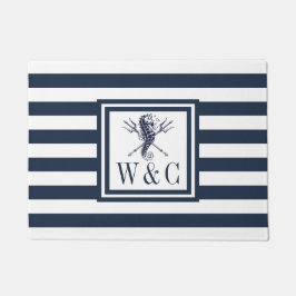 Seepferd Nautical Monogram Navy Blue Strip Fußmatte