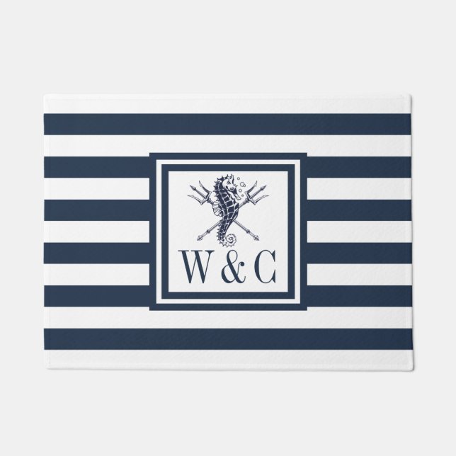 Seepferd Nautical Monogram Navy Blue Strip Fußmatte (Vorderseite)