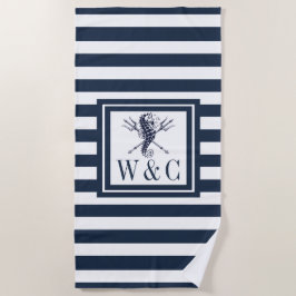 Seepferd Navy Blue Stripe Nautic Monogram Beach Strandtuch