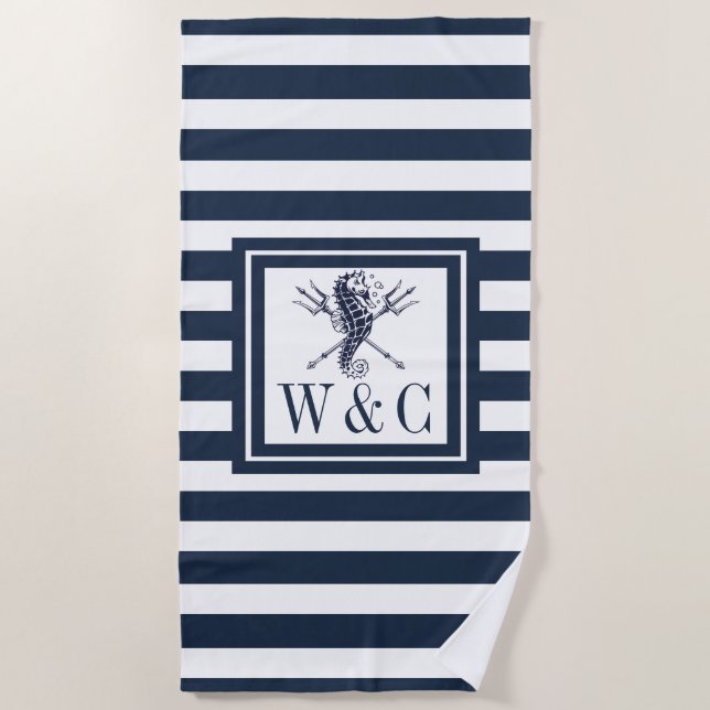 Seepferd Navy Blue Stripe Nautic Monogram Beach Strandtuch (Vorderseite)