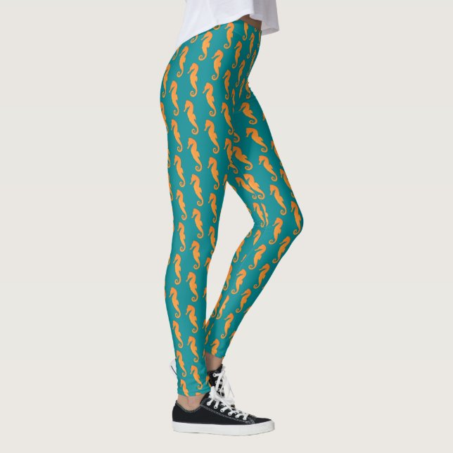 Seepferd Orange Silhouette Einfaches Muster Nautic Leggings (Rechts)
