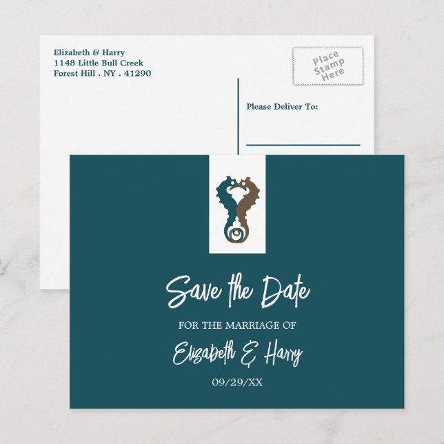 Seepferd Romance, Beach Wedding Save the Date Postkarte (Vorne/Hinten)